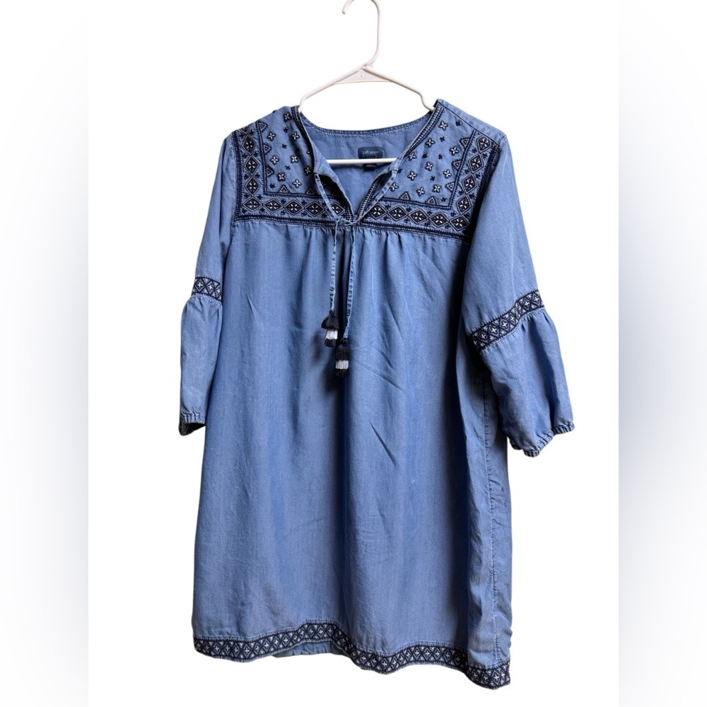 J. Jill Denim Blue Embroidered Tencel Dress Tunic Boho Peasant Tassel M Petite